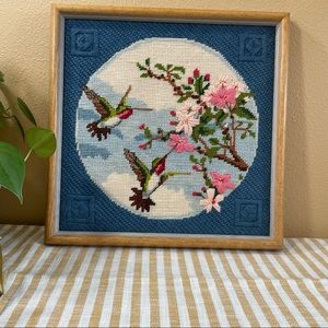 Vintage Framed Hand Stitched Needlepoint Hummingbirds and Cherry Blossoms